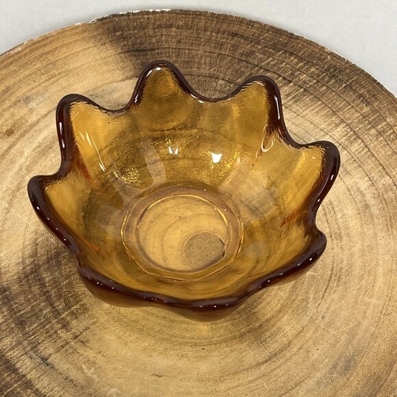 Vintage BLENKO Art Glass Amber Lotus FlowerBowl Hand Blown 8 Finger Scallop MCM - Picture 2 of 5